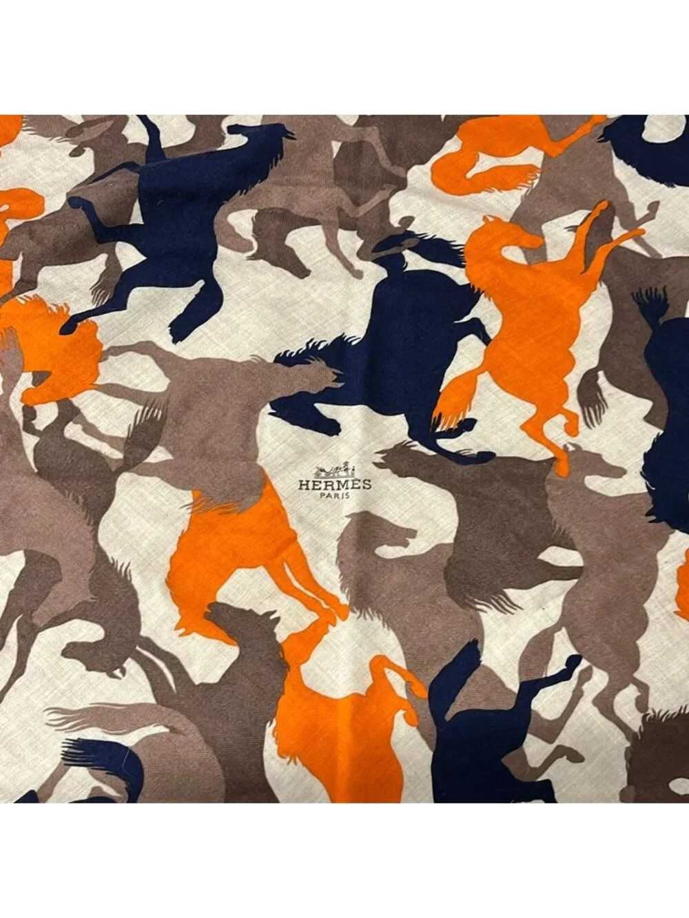 Hermes Shawl Losange Beige Orange Multi Horse Cashmere Silk Scarf